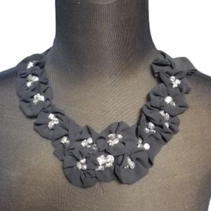 Women's Black Sheer Flowers Rhinestones Necklace Tie